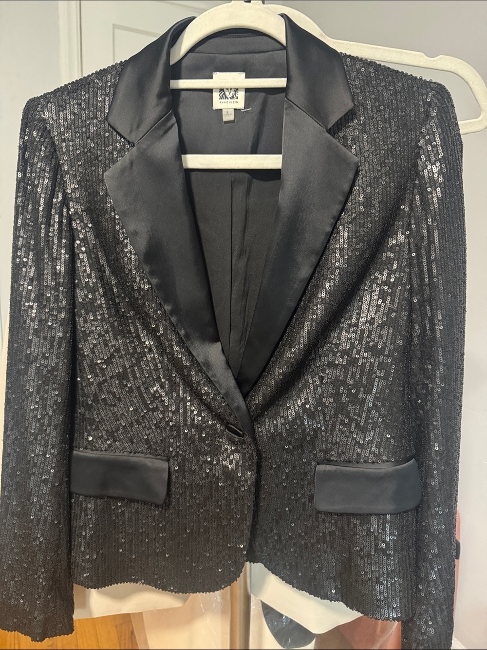 Anne Klein Black Sequin Satin-Trim Blazer